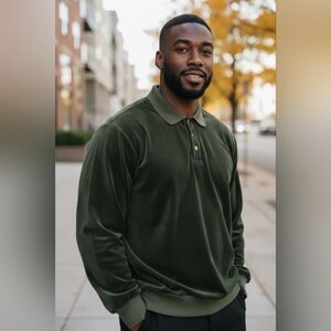 Norm Thompson Velour Polo Shirt, L, Green Blue, Knit Collar And Cuffs, Soft!